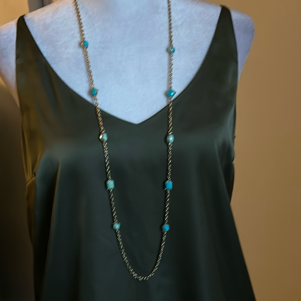 Long Gold Chain Station Necklace with Faceted Turquoise and Aqua Colored Beads
